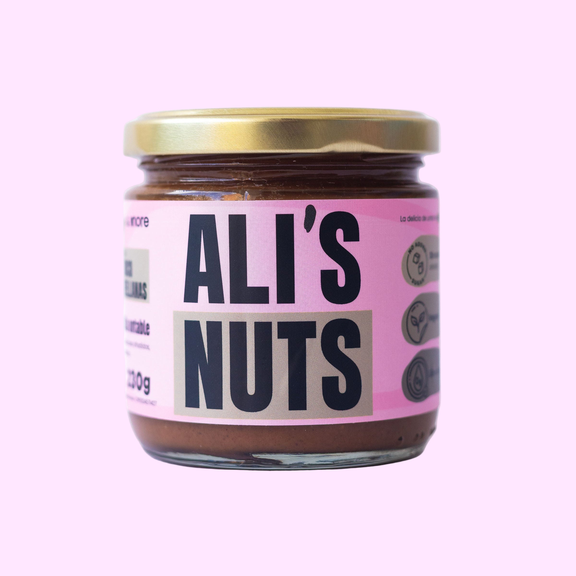 Mantequilla de Chocoavellanas Ali’s Nuts con etiqueta rosa y tapa dorada