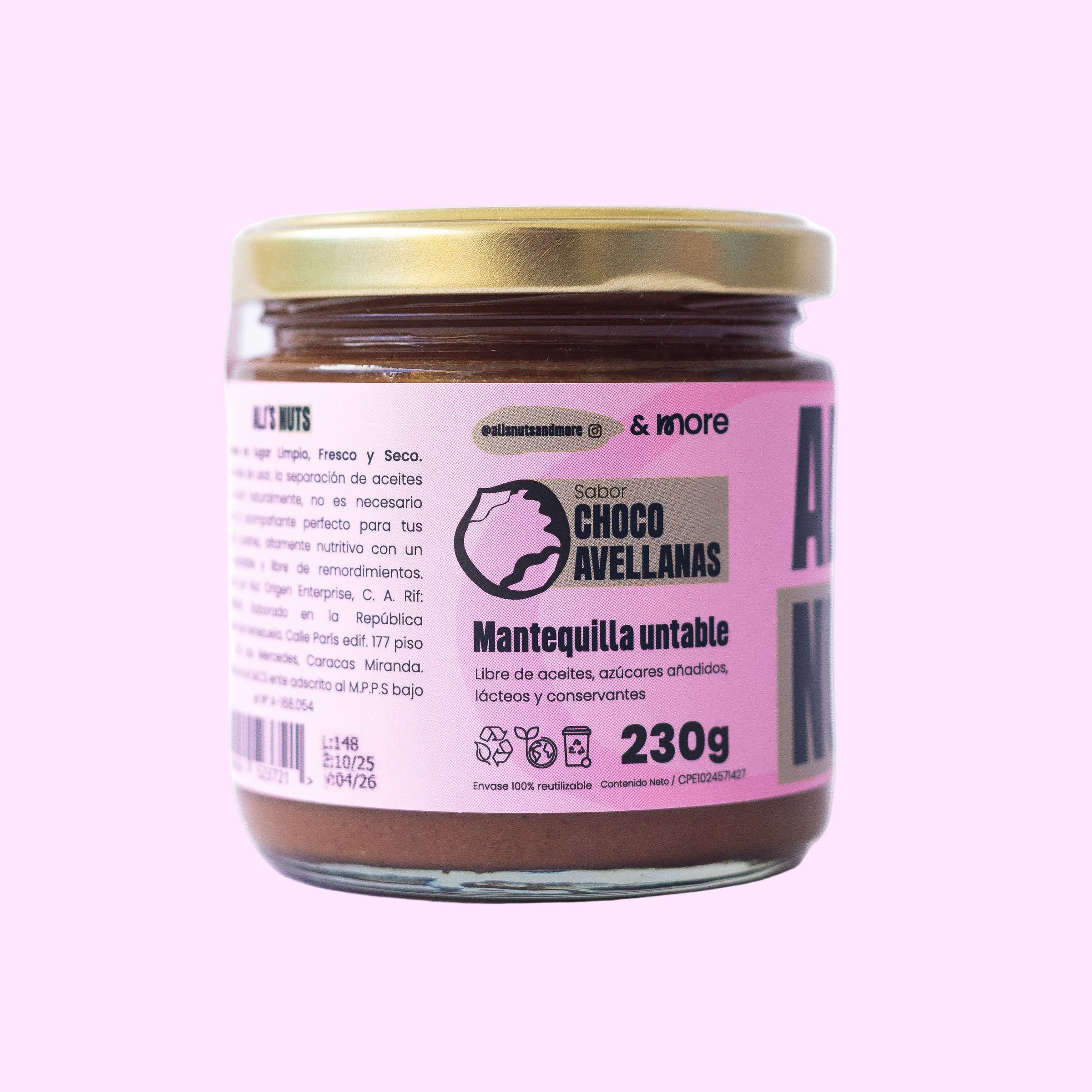 Mantequilla de Chocoavellanas Ali’s Nuts con etiqueta rosa y tapa dorada.