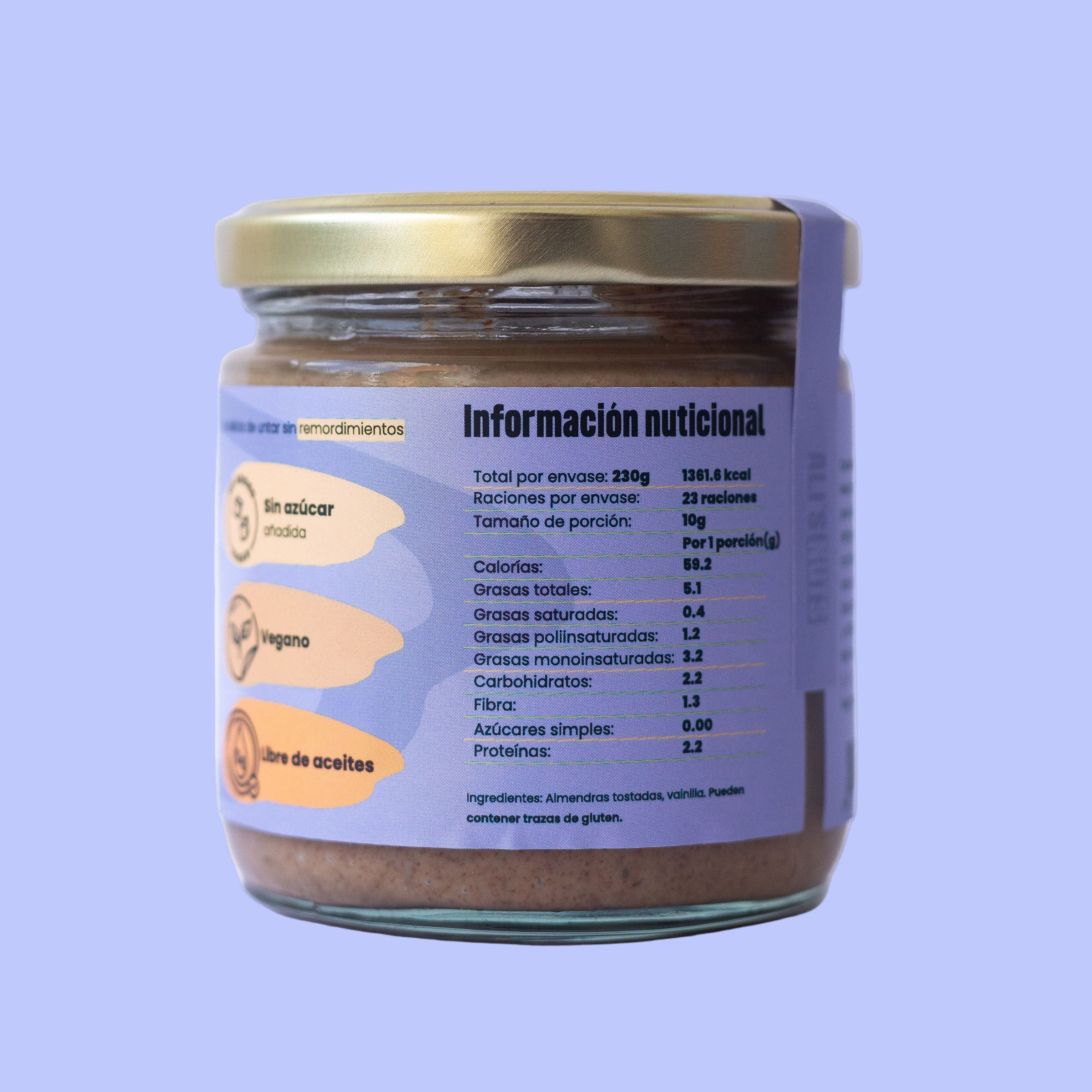 mantequilla de almendras Ali’s Nuts con tapa dorada y etiqueta lila sobre fondo púrpura.