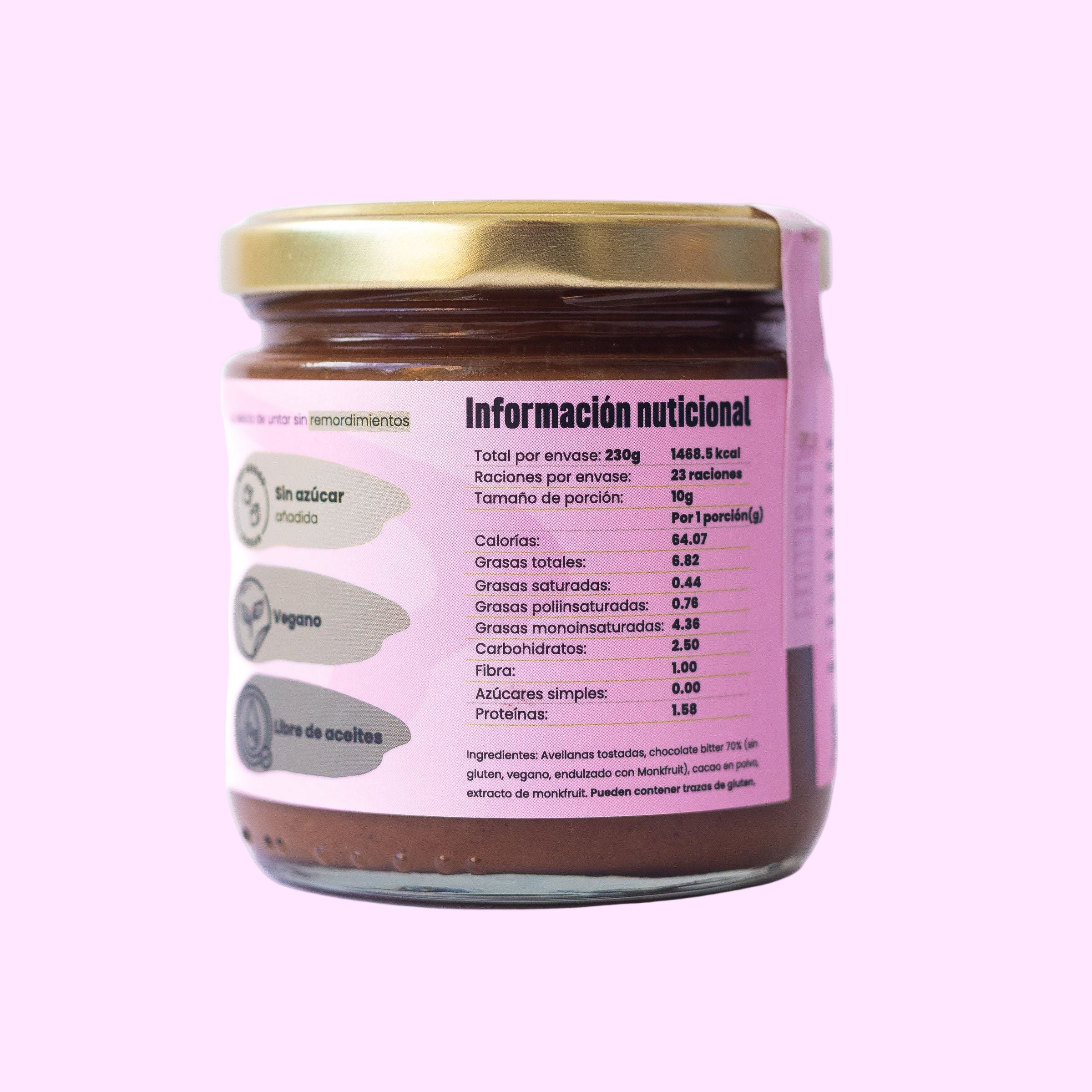 Mantequilla de Chocoavellanas Ali’s Nuts con etiqueta rosa y tapa dorada
