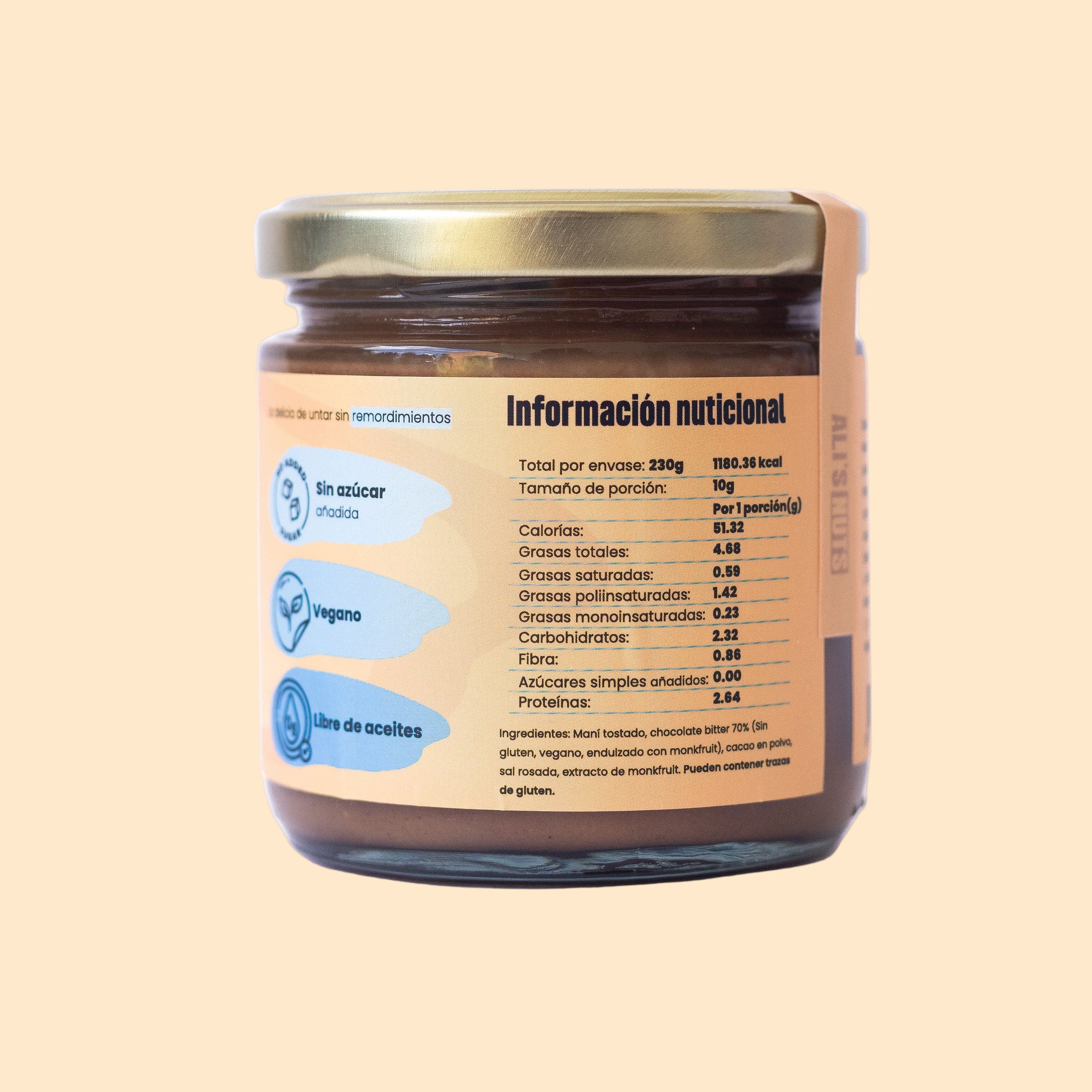 Frasco de crema ChocoManí Ali’s Nuts con etiqueta color durazno y tapa dorada sobre fondo blanco.