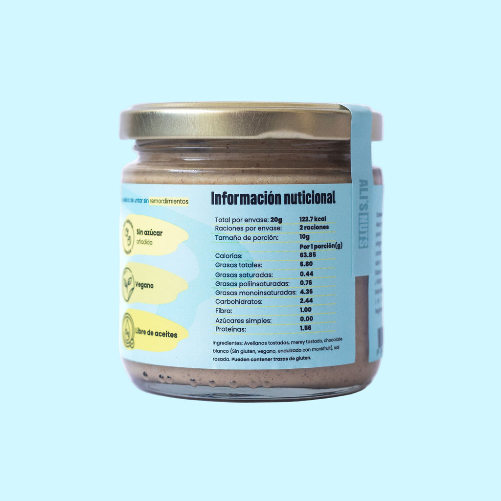 crema Blondie Ali’s Nuts con etiqueta azul pastel y tapa dorada sobre fondo celeste.”
